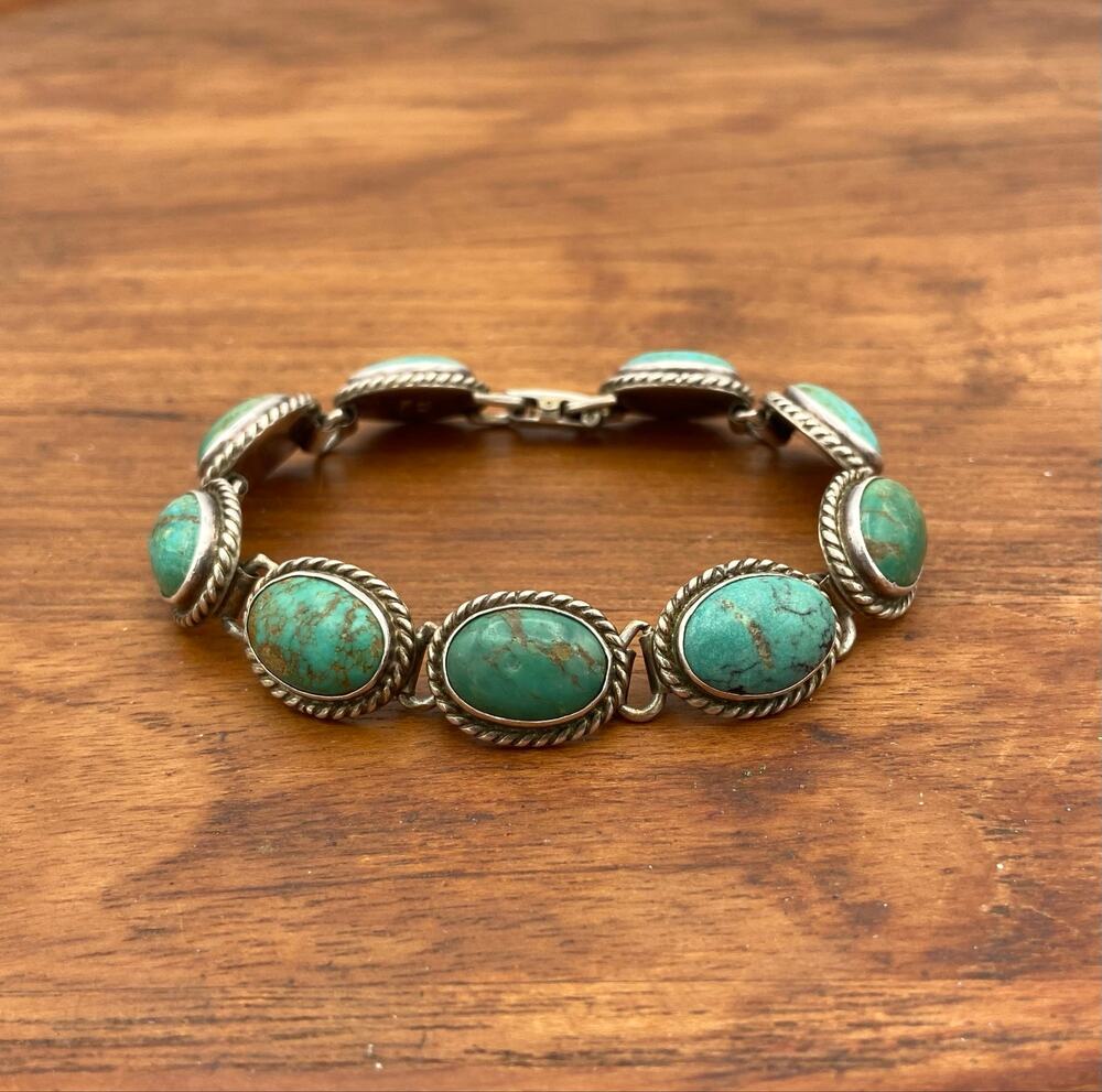 Vintage Native American Sterling Silver Turquoise Link Bracelet Signed K.Y. Read